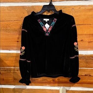 Elegant Black Velvet Blouse with Floral Embroidery